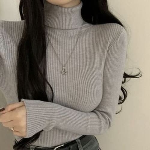 Long-Sleeve Turtleneck Plain Ribbed Knit Top - Gray