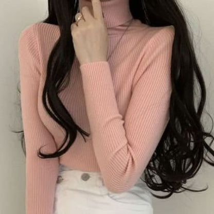 Long-Sleeve Turtleneck Plain Ribbed Knit Top - Pink