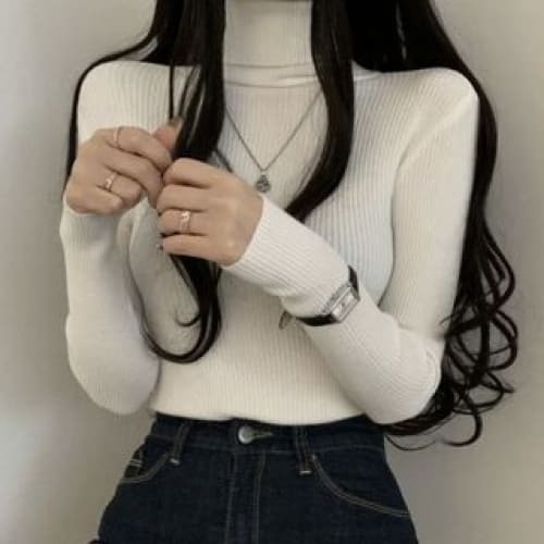 Long-Sleeve Turtleneck Plain Ribbed Knit Top - White