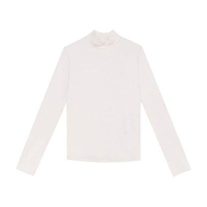 Long Sleeve Turtleneck Plain Top - Off-White / S