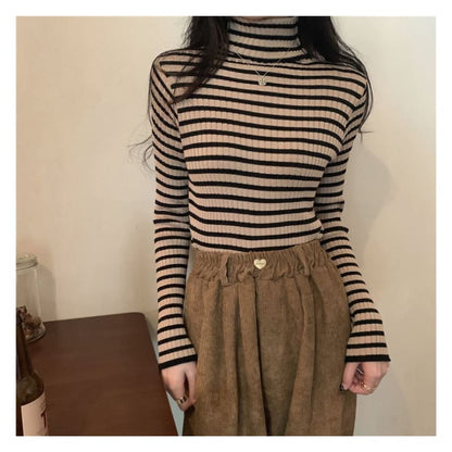 Long-Sleeve Turtleneck Striped Ribbed Knit Top