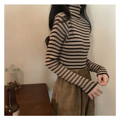 Long-Sleeve Turtleneck Striped Ribbed Knit Top