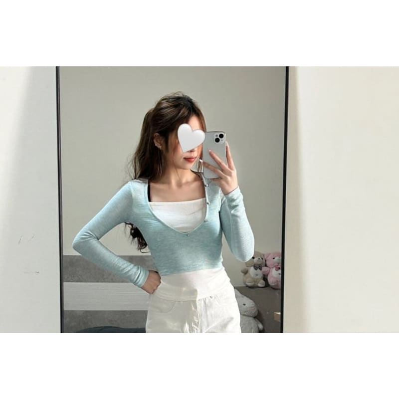 Long-Sleeve Two Tone Mock Two-Piece T-Shirt