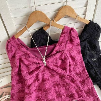 Long-Sleeve V-Neck Bow Lace Top