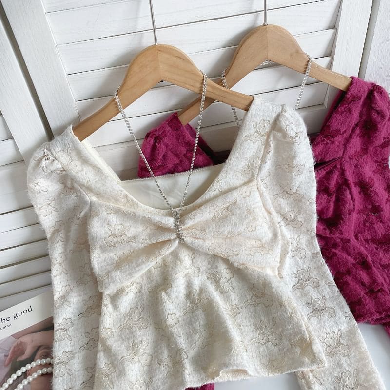 Long-Sleeve V-Neck Bow Lace Top