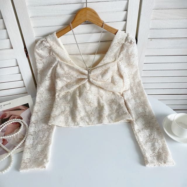 Long-Sleeve V-Neck Bow Lace Top - Almond / One Size