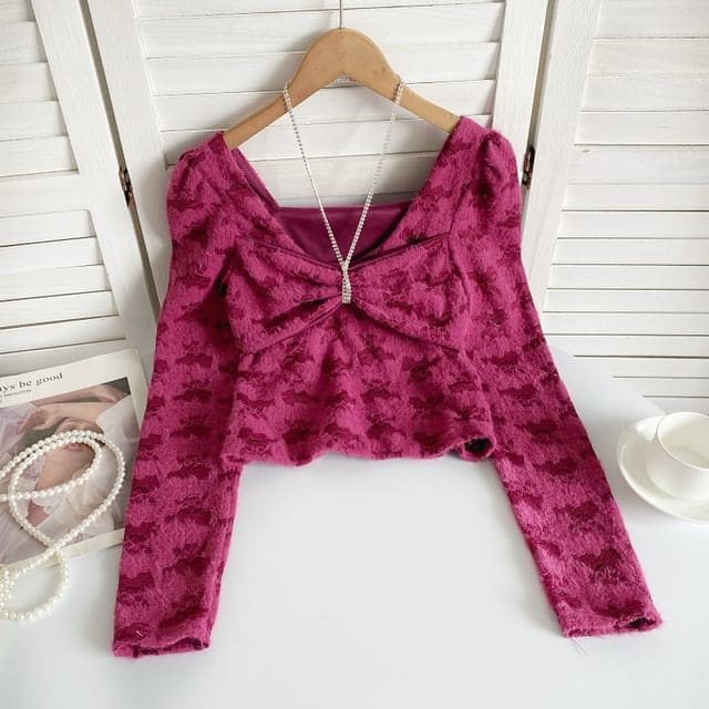 Long-Sleeve V-Neck Bow Lace Top - Rose Pink / One Size