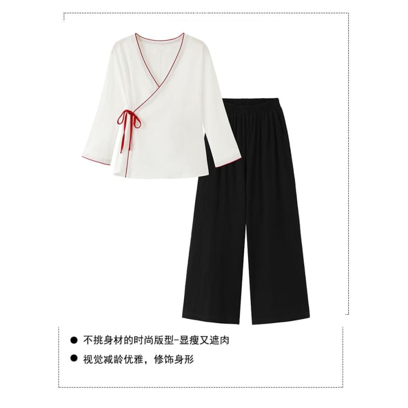 Long-Sleeve V-Neck Contrast Trim Hanfu Top / Mid Rise Plain