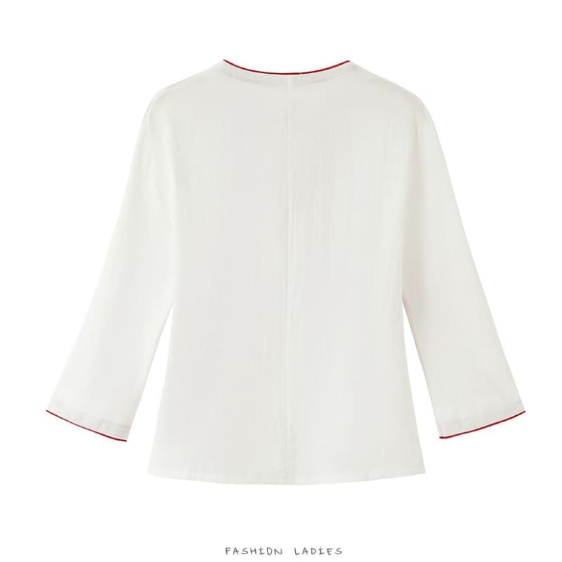 Long-Sleeve V-Neck Contrast Trim Hanfu Top / Mid Rise Plain