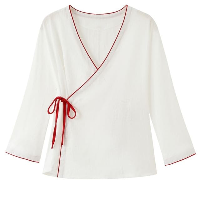 Long-Sleeve V-Neck Contrast Trim Hanfu Top / Mid Rise Plain