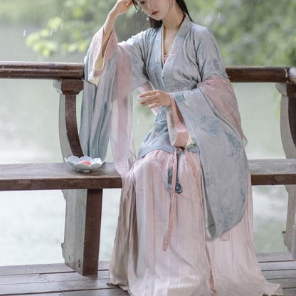 Long-Sleeve V-Neck Floral Embroidered Hanfu Top / Plain Top