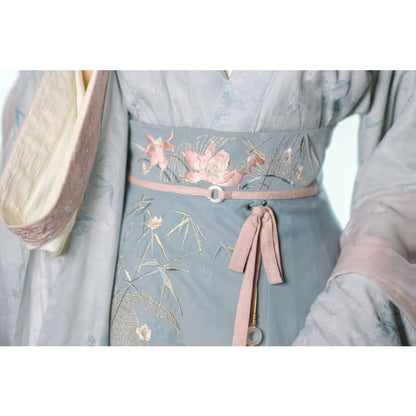 Long-Sleeve V-Neck Floral Embroidered Hanfu Top / Plain Top