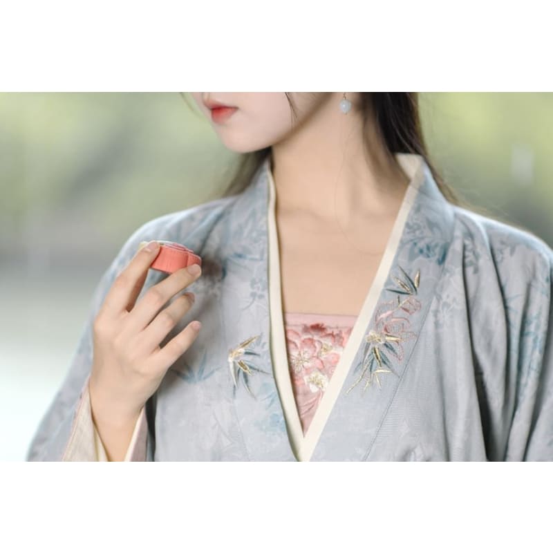 Long-Sleeve V-Neck Floral Embroidered Hanfu Top / Plain Top