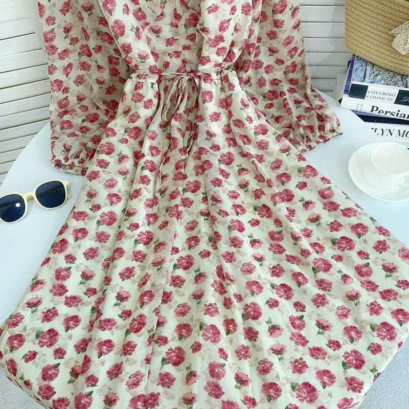 Long-Sleeve V-Neck Floral Midi A-Line Dress