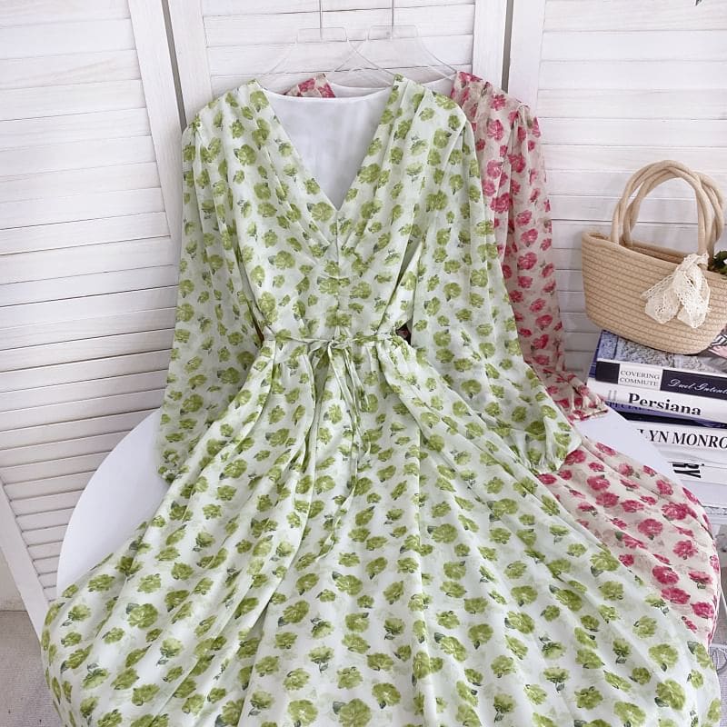 Long-Sleeve V-Neck Floral Midi A-Line Dress