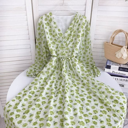 Long-Sleeve V-Neck Floral Midi A-Line Dress - Light Green