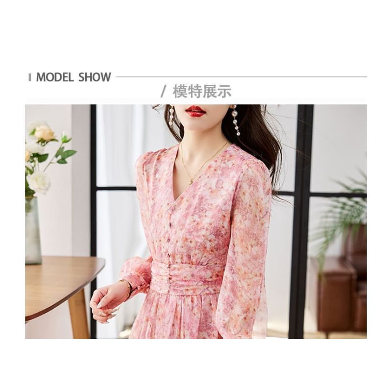 Long-Sleeve V-Neck Floral Print Button Midi A-Line Dress