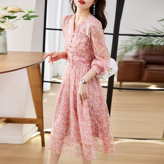 Long-Sleeve V-Neck Floral Print Button Midi A-Line Dress