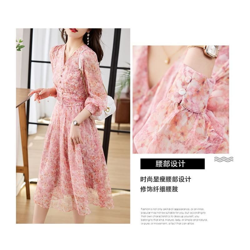 Long-Sleeve V-Neck Floral Print Button Midi A-Line Dress