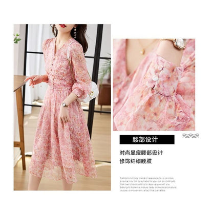 Long-Sleeve V-Neck Floral Print Button Midi A-Line Dress