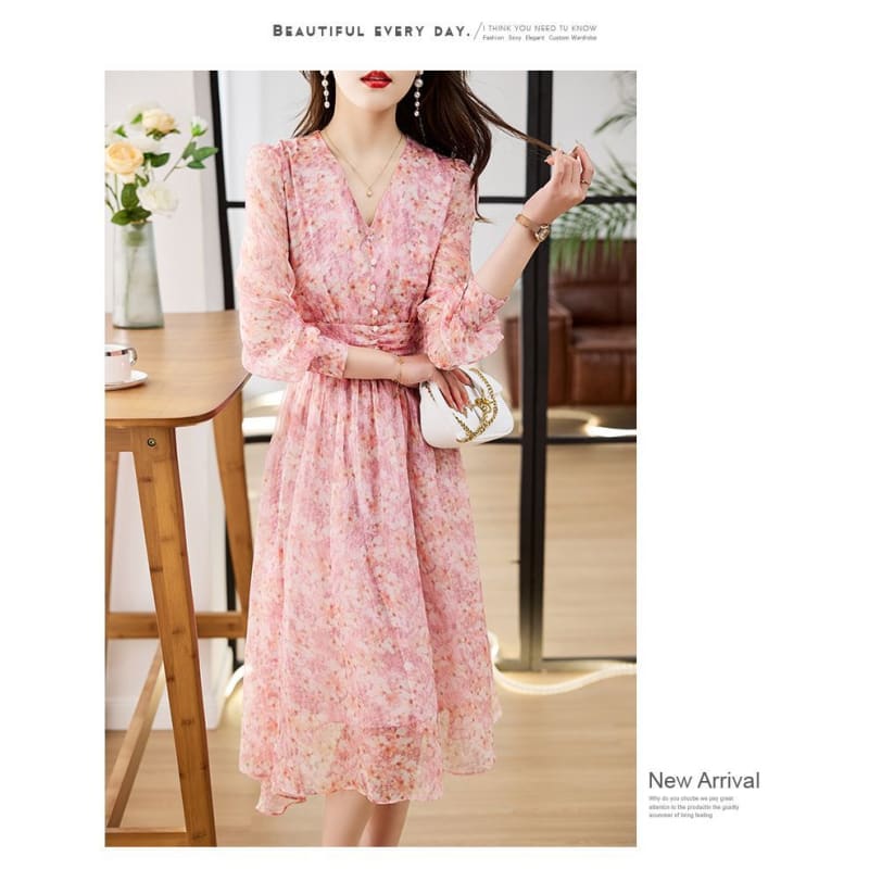 Long-Sleeve V-Neck Floral Print Button Midi A-Line Dress