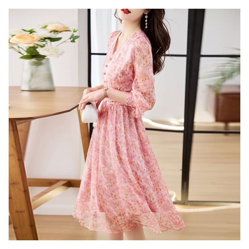 Long-Sleeve V-Neck Floral Print Button Midi A-Line Dress