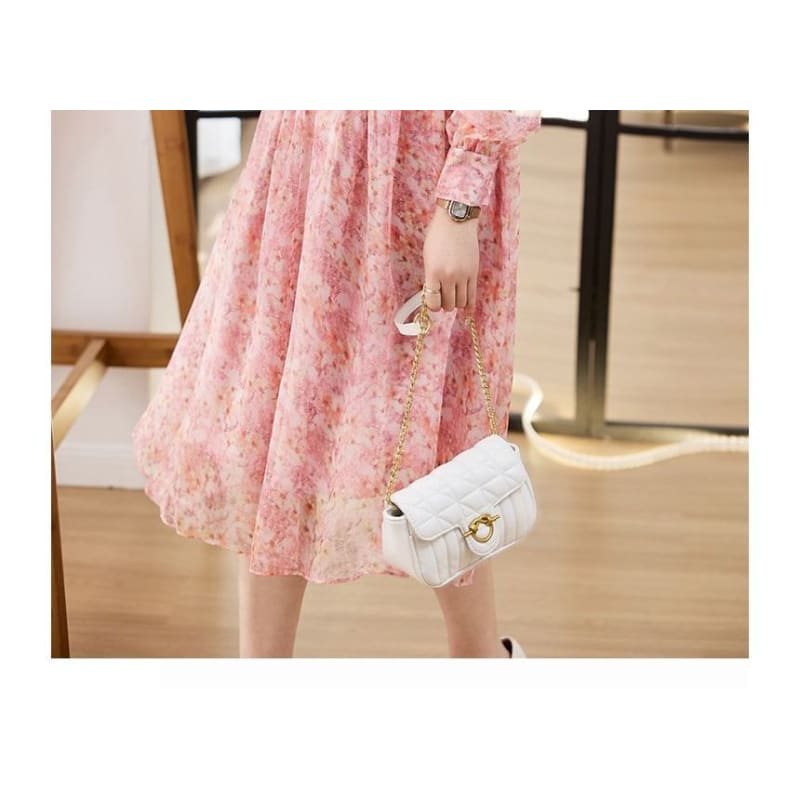 Long-Sleeve V-Neck Floral Print Button Midi A-Line Dress