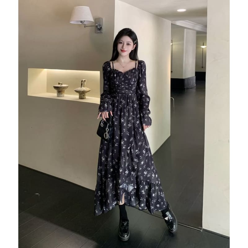 Long Sleeve V-Neck Floral Print Ruffle Ruched Midi A-Line