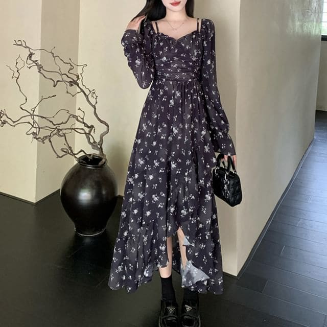 Long Sleeve V-Neck Floral Print Ruffle Ruched Midi A-Line