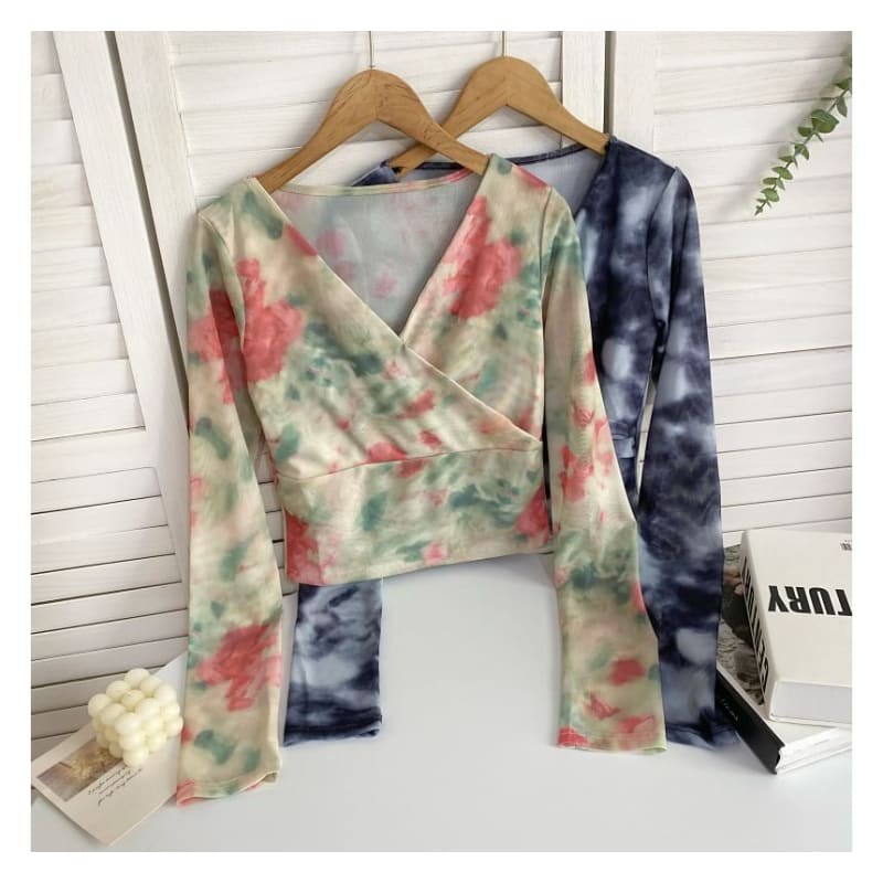 Long-Sleeve V-Neck Floral Print Wrap Mesh Top