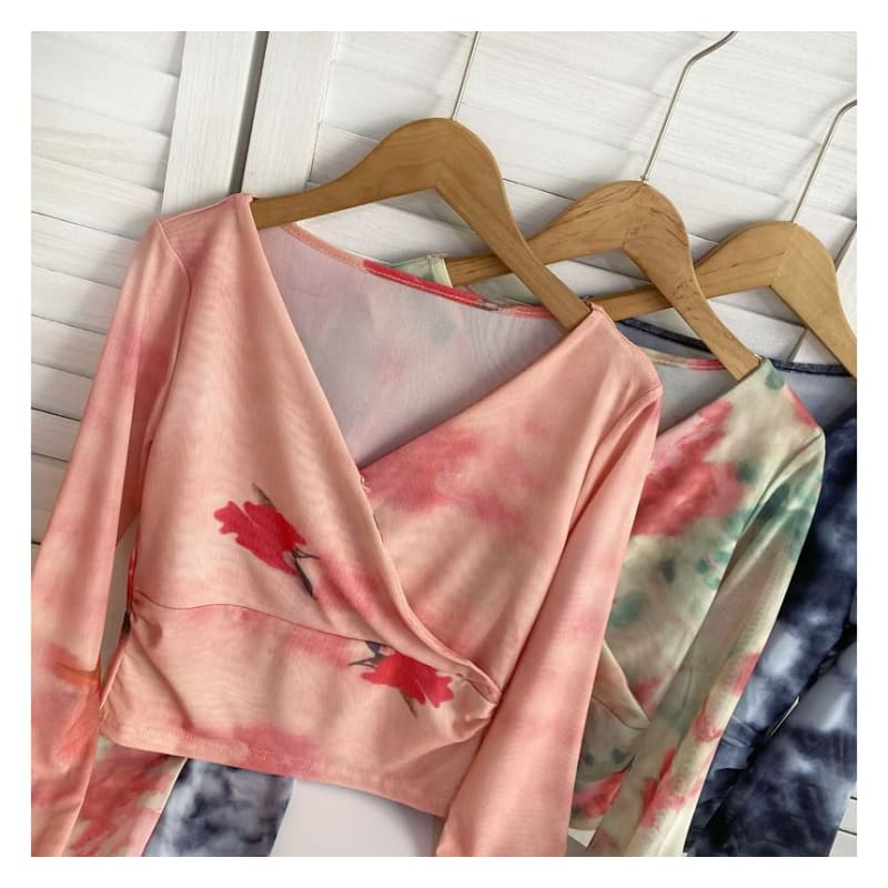 Long-Sleeve V-Neck Floral Print Wrap Mesh Top