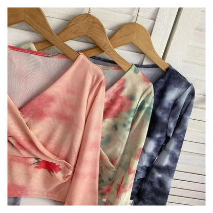 Long-Sleeve V-Neck Floral Print Wrap Mesh Top