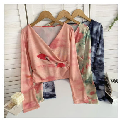 Long-Sleeve V-Neck Floral Print Wrap Mesh Top