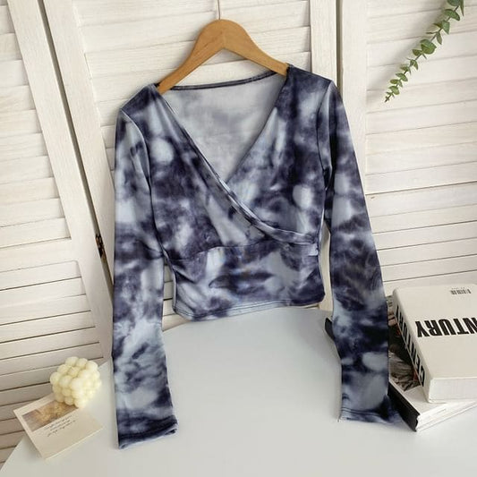 Long-Sleeve V-Neck Floral Print Wrap Mesh Top