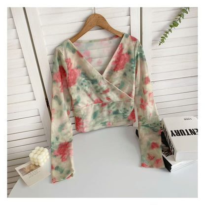 Long-Sleeve V-Neck Floral Print Wrap Mesh Top