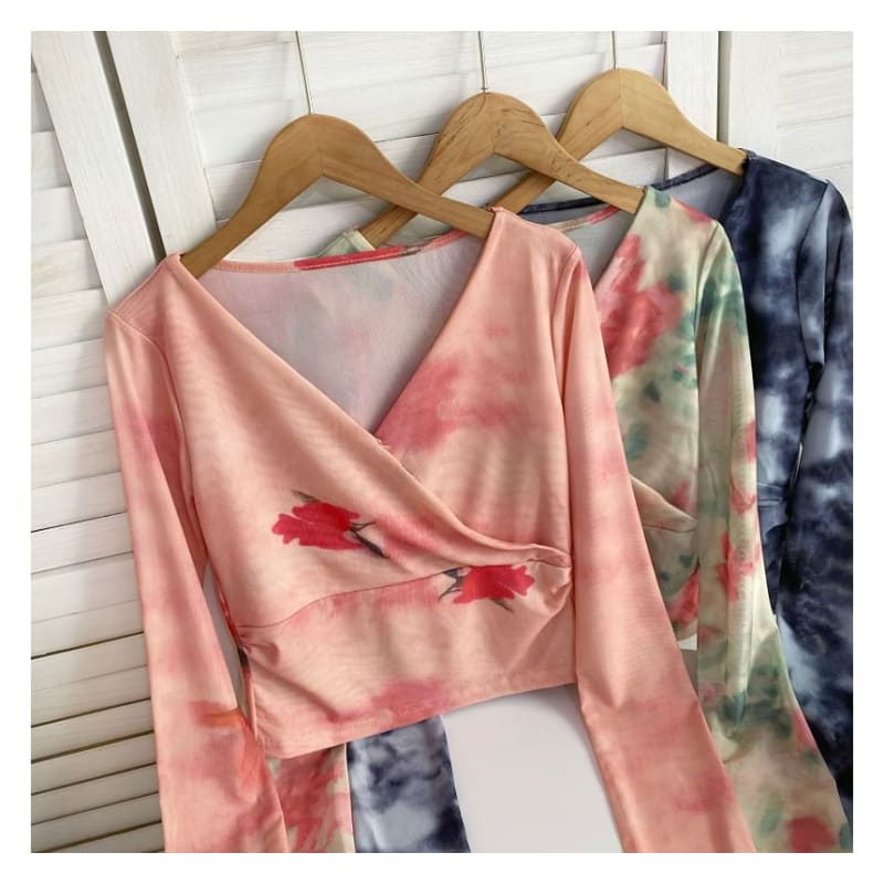 Long-Sleeve V-Neck Floral Print Wrap Mesh Top