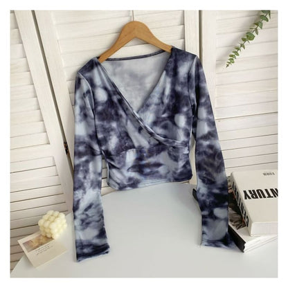 Long-Sleeve V-Neck Floral Print Wrap Mesh Top