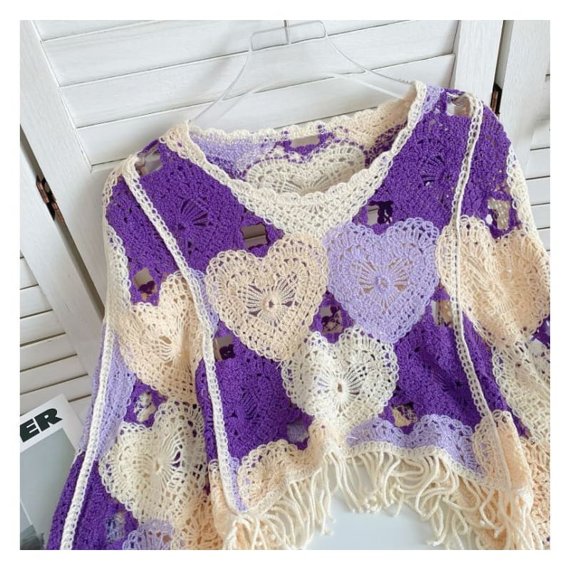 Long-Sleeve V-Neck Heart Print Tasseled Crop Pointelle Knit