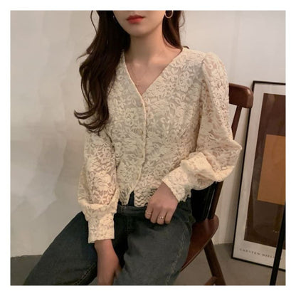 Long-Sleeve V-Neck Lace Cropped Blouse - Beige / One Size