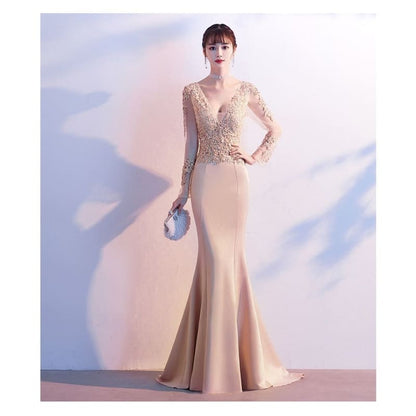 Long-Sleeve V-Neck Lace Mermaid Evening Gown