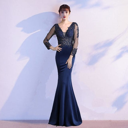 Long-Sleeve V-Neck Lace Mermaid Evening Gown - Navy Blue