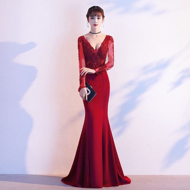 Long-Sleeve V-Neck Lace Mermaid Evening Gown - Wine Red / XS