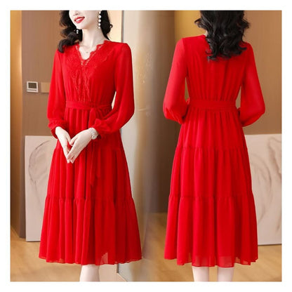 Long-Sleeve V-Neck Lace Trim Midi A-Line Dress