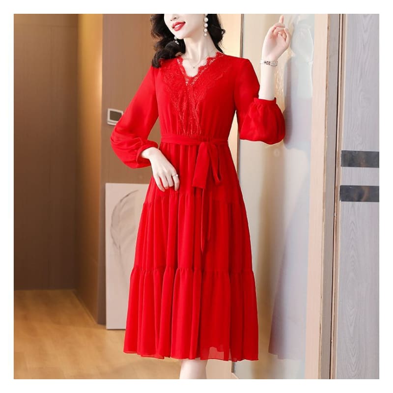 Long-Sleeve V-Neck Lace Trim Midi A-Line Dress