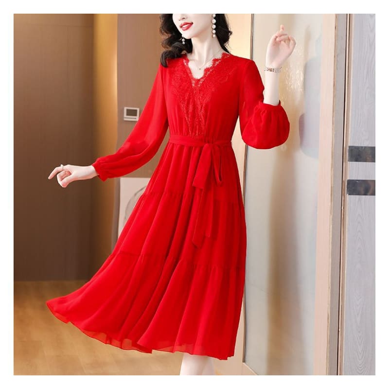 Long-Sleeve V-Neck Lace Trim Midi A-Line Dress