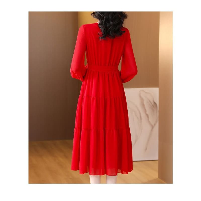 Long-Sleeve V-Neck Lace Trim Midi A-Line Dress