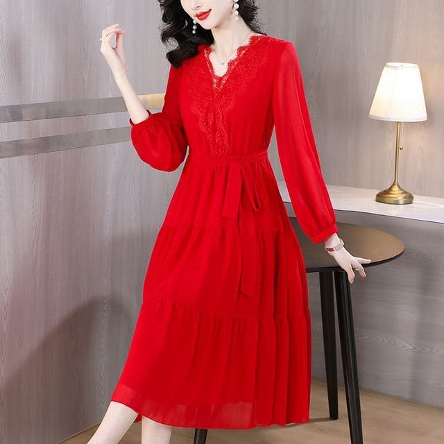 Long-Sleeve V-Neck Lace Trim Midi A-Line Dress - Red / M