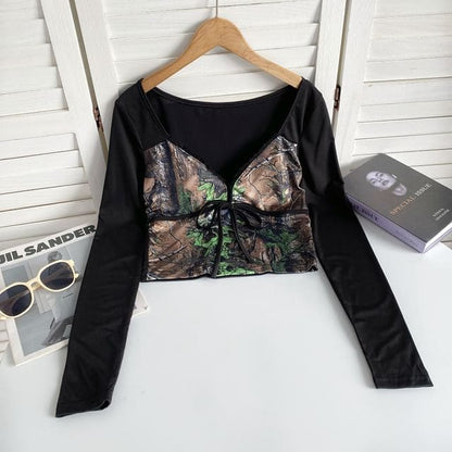 Long-Sleeve V-Neck Patterned Print Tie Front Panel Top