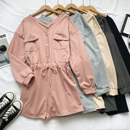 Long-Sleeve V-Neck Plain Button-Up Drawstring Romper