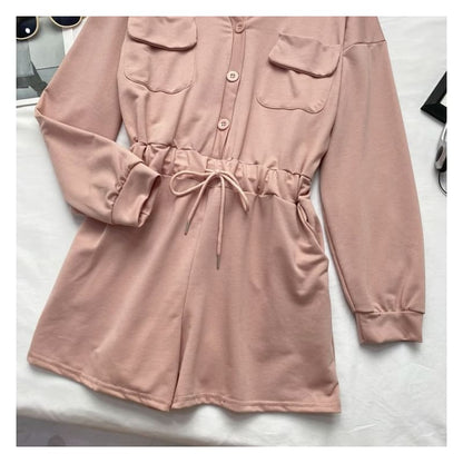 Long-Sleeve V-Neck Plain Button-Up Drawstring Romper